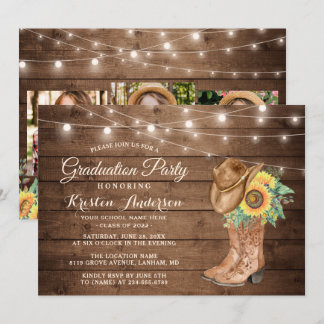 Sunflowers Cowgirl Boots 3 Photos Graduation Party Invitation