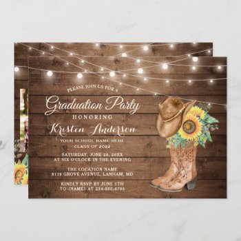 Sunflowers Cowgirl Boots 3 Photos Graduation Party Invitation by CardHunter at Zazzle