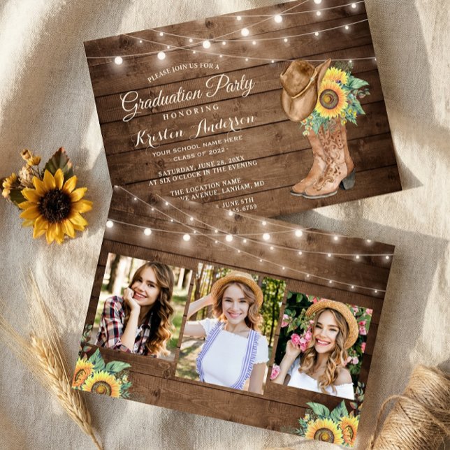 Sunflowers Cowgirl Boots 3 Photos Graduation Party Invitation (Creator Uploaded)