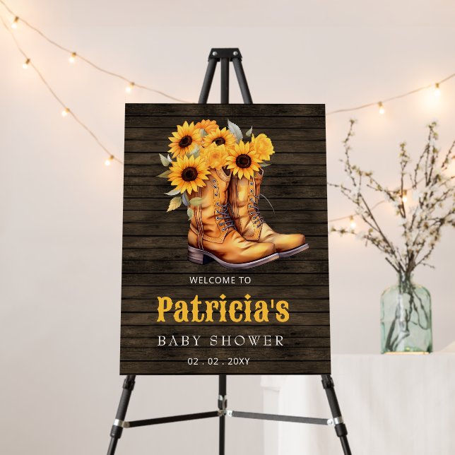 Sunflowers Cowgirl Boots Baby Shower Welcome Sign (In Situ (Stand))