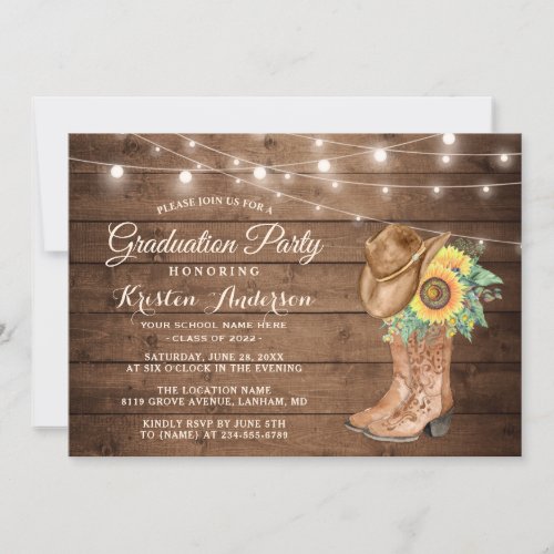 Sunflowers Cowgirl Boots Graduation Party Invitation - Rustic Sunflowers Cowgirl Boots Graduation Party Invitation. 
(1) For further customization, please click the "customize further" link and use our design tool to modify this template. 
(2) If you prefer Thicker papers / Matte Finish, you may consider to choose the Matte Paper Type. 
(3) If you need help or matching items, please contact me.