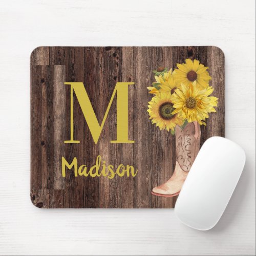Sunflowers Cowgirl Boots Rustic Wood Monogram Mouse Pad