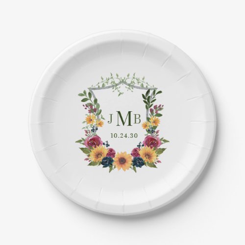 Sunflowers Crest Wedding Paper Plates