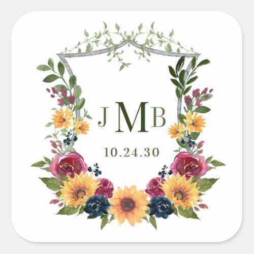 Sunflowers Crest Wedding Square Sticker
