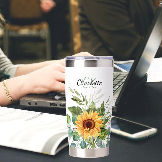 Sunflowers custom monogram initials name insulated tumbler (Creator Uploaded)
