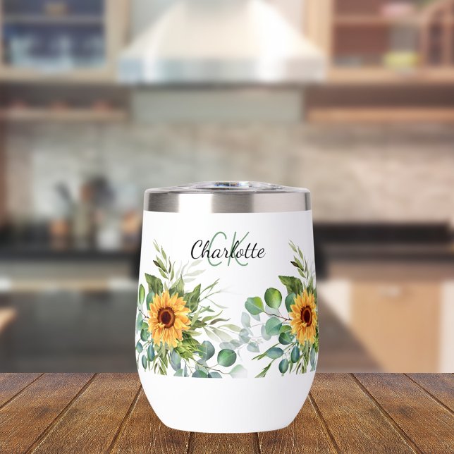 Sunflowers custom monogram initials name thermal wine tumbler (Creator Uploaded)