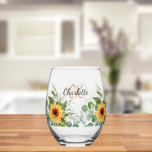 Sunflowers custom name monogram initials stemless wine glass