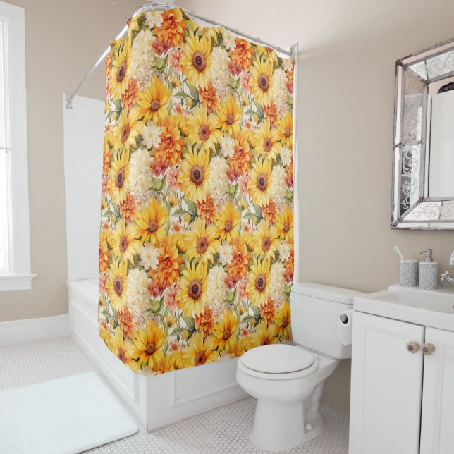 Sunflowers, Dahlias, Zinnias Floral Shower Curtain (In Situ)