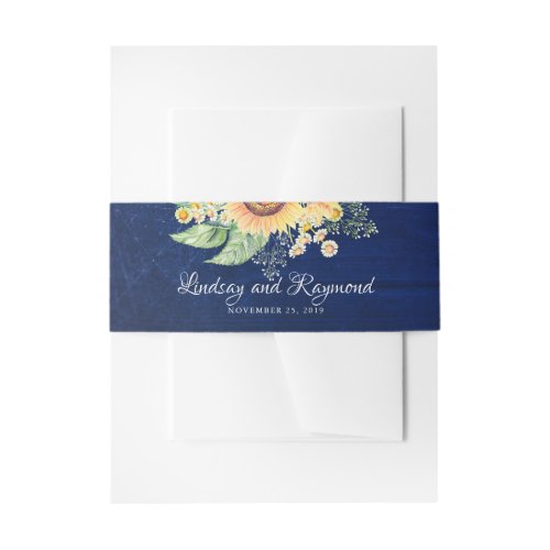 Sunflowers Daisies Babys Breath Navy Blue Rustic Invitation Belly Band