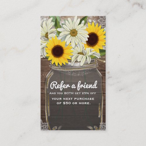 Sunflowers  Daisies Mason Jar Refer a Friend Referral Card