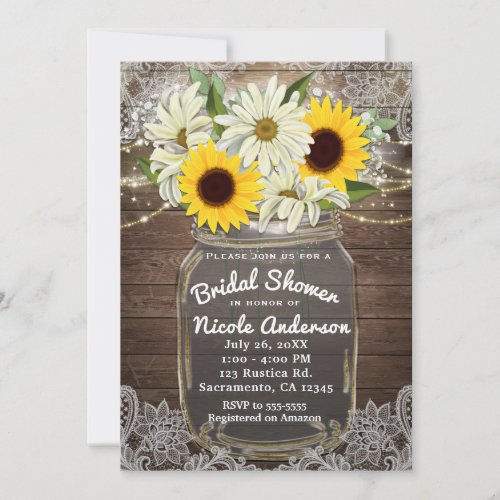 Sunflowers  Daisies Mason Jar Sparkle Rustic Chic Invitation