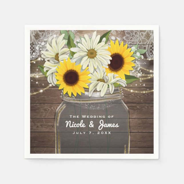 Sunflowers & Daisies Mason Jar Sparkle Rustic Chic Napkins (Front)