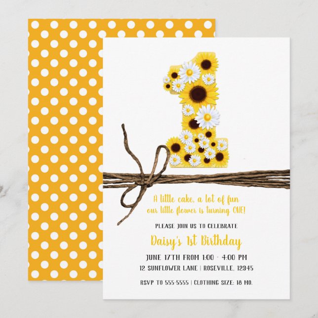 Sunflowers & Daisies ONE 1st Birthday Party Invitation (Front/Back)