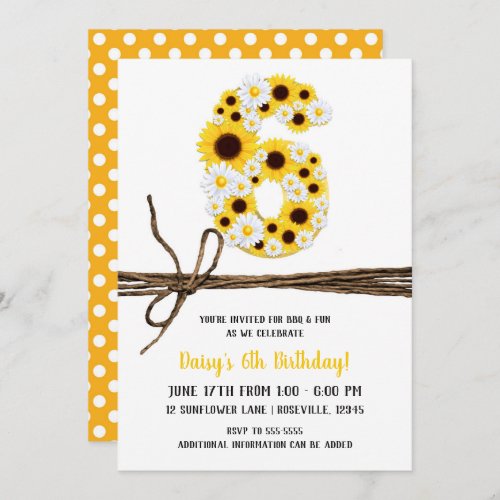 Sunflowers  Daisies SIX 6 6TH Birthday Party Invitation