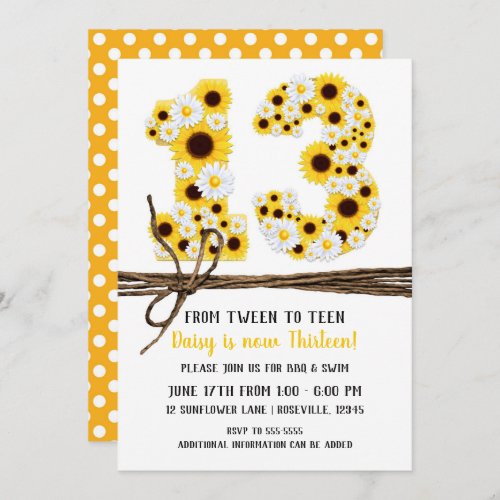 Sunflowers  Daisies THIRTEEN 13 13TH Birthday Invitation
