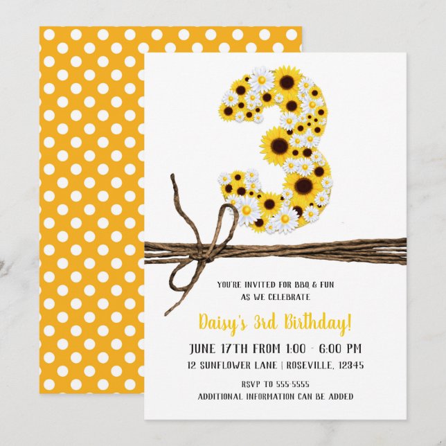 Sunflowers & Daisies THREE 3 3RD Birthday Party Invitation (Front/Back)