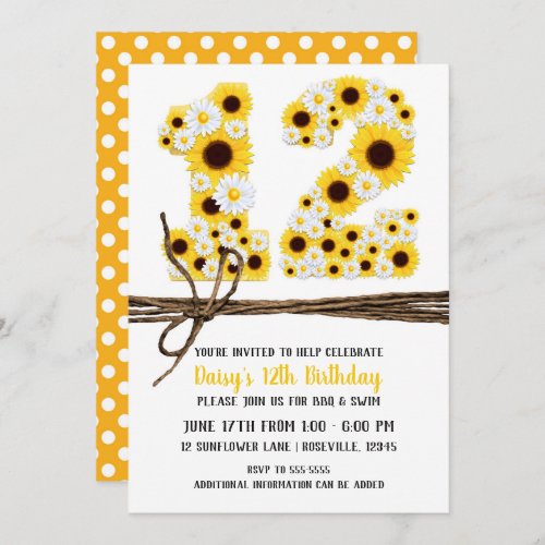 Sunflowers  Daisies TWELVE 12 12TH Birthday Party Invitation