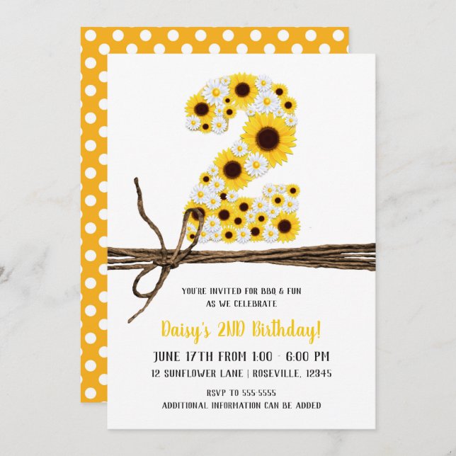 Sunflowers & Daisies TWO 2 2ND Birthday Party Invitation (Front/Back)