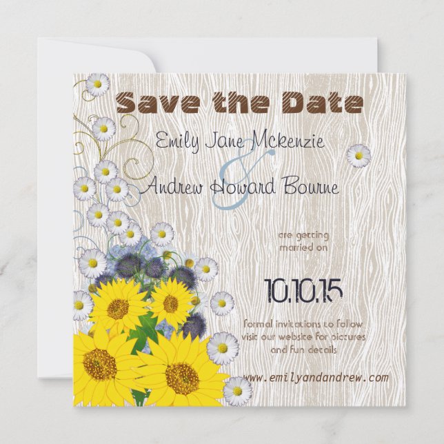 Sunflowers & Daisies Wood Grain Save the Date (Front)