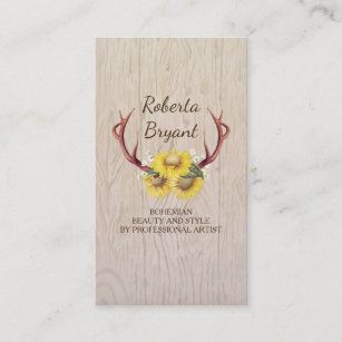Sunflowers Deer Antlers Rustic Country Floral Wood Business Card