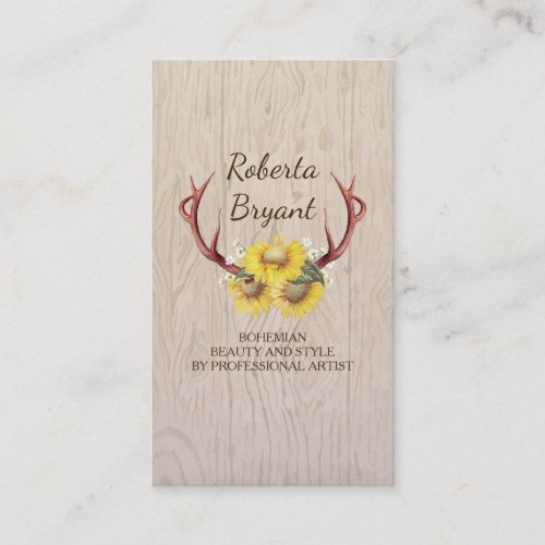 Sunflowers Deer Antlers Rustic Country Floral Wood Business Card - Floral bouquet - sunflowers and deer antlers rustic country business cards