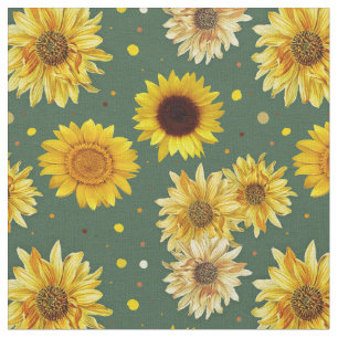 Sunflowers Dots Green Repeating Pattern Fabric