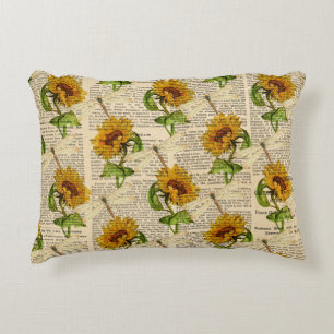 Sunflowers Dragonflies Old Newspaper Country Style Accent Pillow