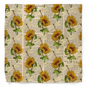 Sunflowers Dragonflies Old Newspaper Country Style Bandana