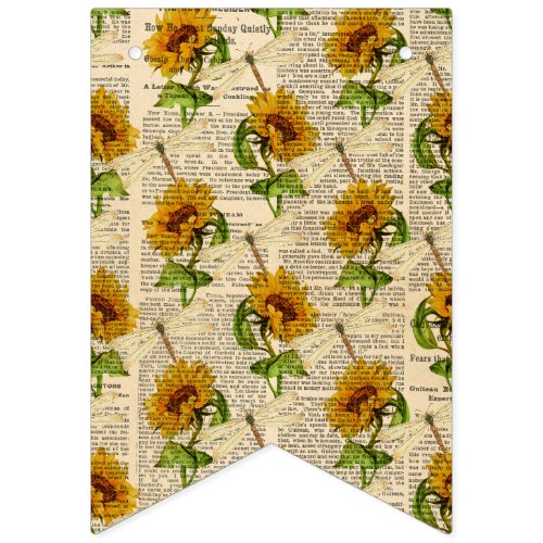 Sunflowers Dragonflies Old Newspaper Country Style Bunting Flags