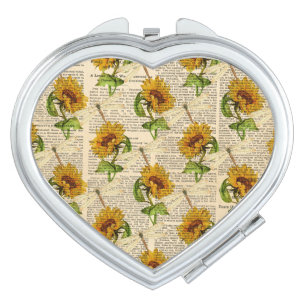 Sunflowers Dragonflies Old Newspaper Country Style Compact Mirror