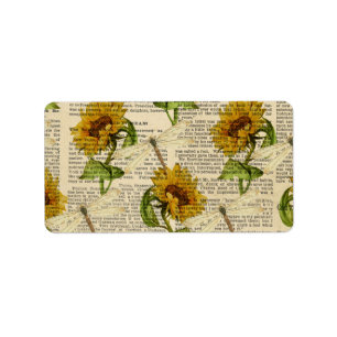 Sunflowers Dragonflies Old Newspaper Country Style Label