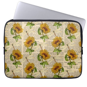 Sunflowers Dragonflies Old Newspaper Country Style Laptop Sleeve