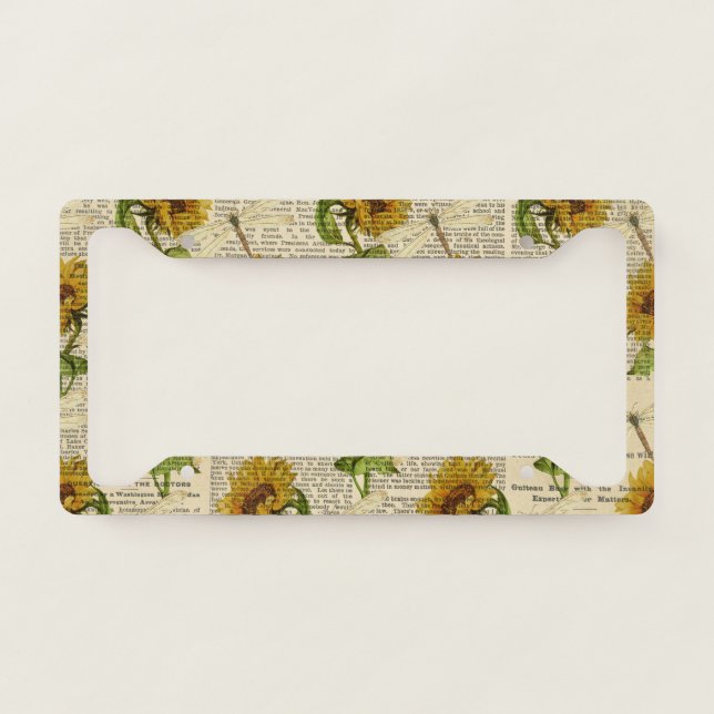 Sunflowers Dragonflies Old Newspaper Country Style License Plate Frame (Front)