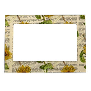 Sunflowers Dragonflies Old Newspaper Country Style Magnetic Frame