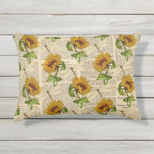 Sunflowers Dragonflies Old Newspaper Country Style Outdoor Pillow