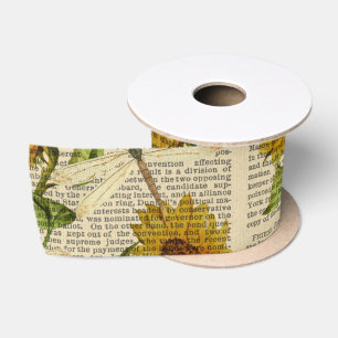 Sunflowers Dragonflies Old Newspaper Country Style Satin Ribbon