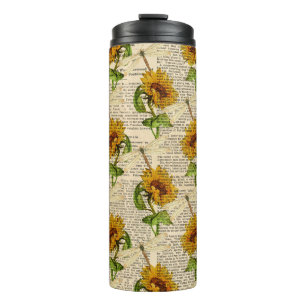 Sunflowers Dragonflies Old Newspaper Country Style Thermal Tumbler