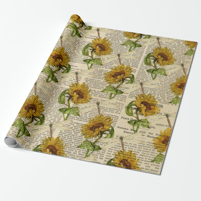 Sunflowers Dragonflies Old Newspaper Country Style Wrapping Paper (Unrolled)