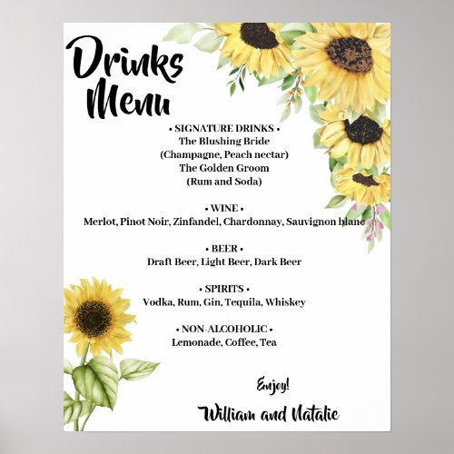 Sunflowers Drinks Menu Wedding Sign