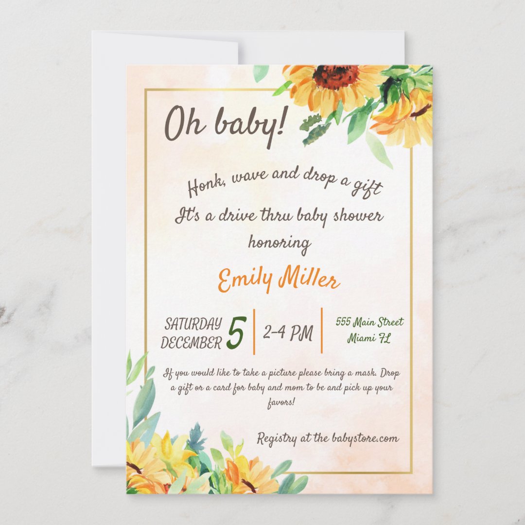 Sunflowers drive thru baby shower invitation Zazzle