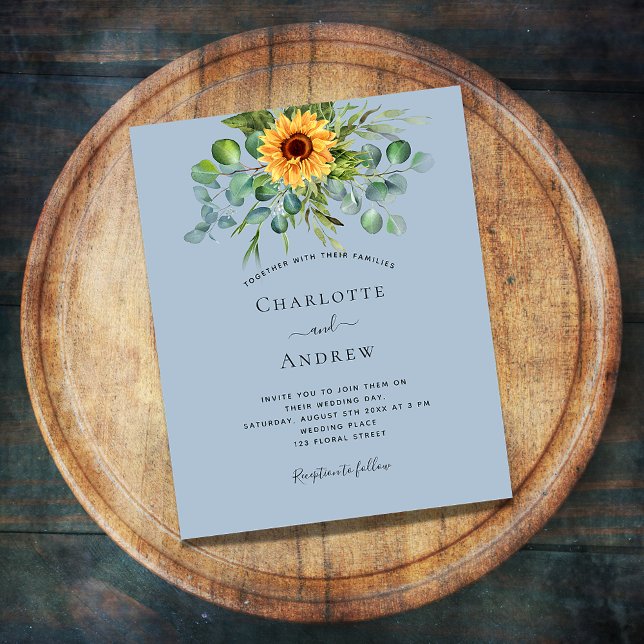 Sunflowers dusty blue budget wedding invitation (Creator Uploaded)