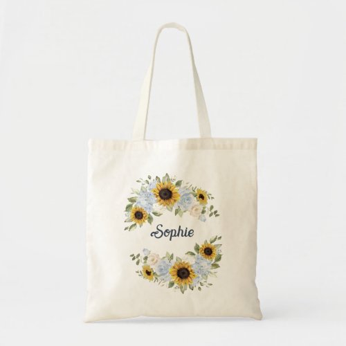 Sunflowers Dusty Blue Flora Greenery Personalized Tote Bag