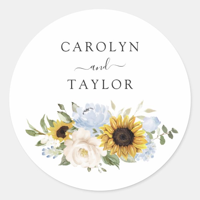 Sunflowers Dusty Blue Floral Envelope Seal Sticker (Front)