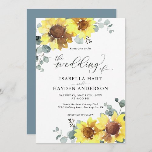 Sunflowers Dusty Blue Floral Eucalyptus Wedding Invitation