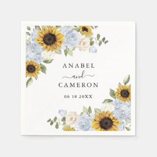 Sunflowers Dusty Blue Floral Greenery Personalized Napkins