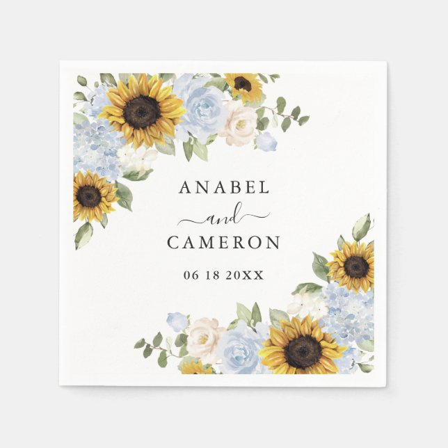 Sunflowers Dusty Blue Floral Greenery Personalized Napkins (Front)