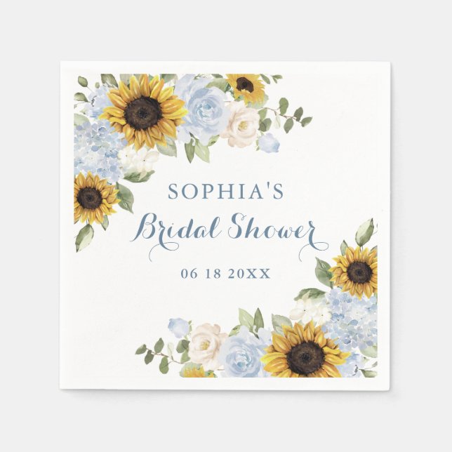 Sunflowers Dusty Blue Floral Greenery Personalized Napkins (Front)