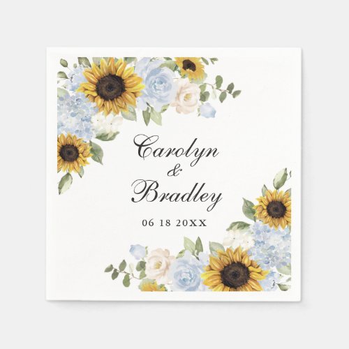 Sunflowers Dusty Blue Floral Greenery Personalized Napkins