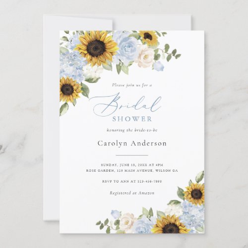 Sunflowers Dusty Blue Floral Rustic Bridal Shower Invitation