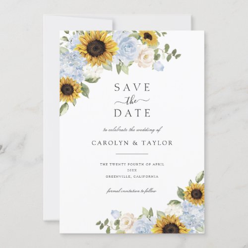 Sunflowers Dusty Blue Floral Rustic Save The Date Invitation